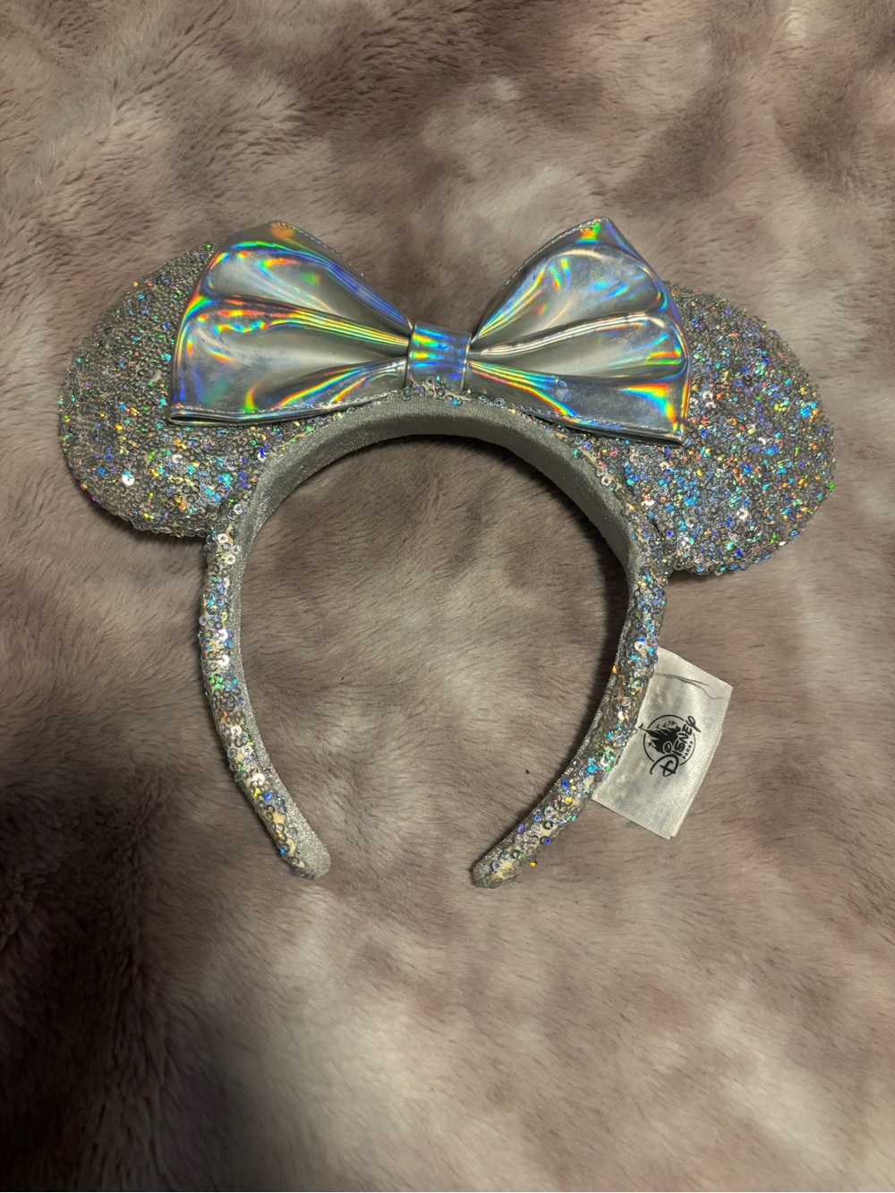 Disney Parks Silver Sequin Minnie Mouse Ears Holographic Bow Headband